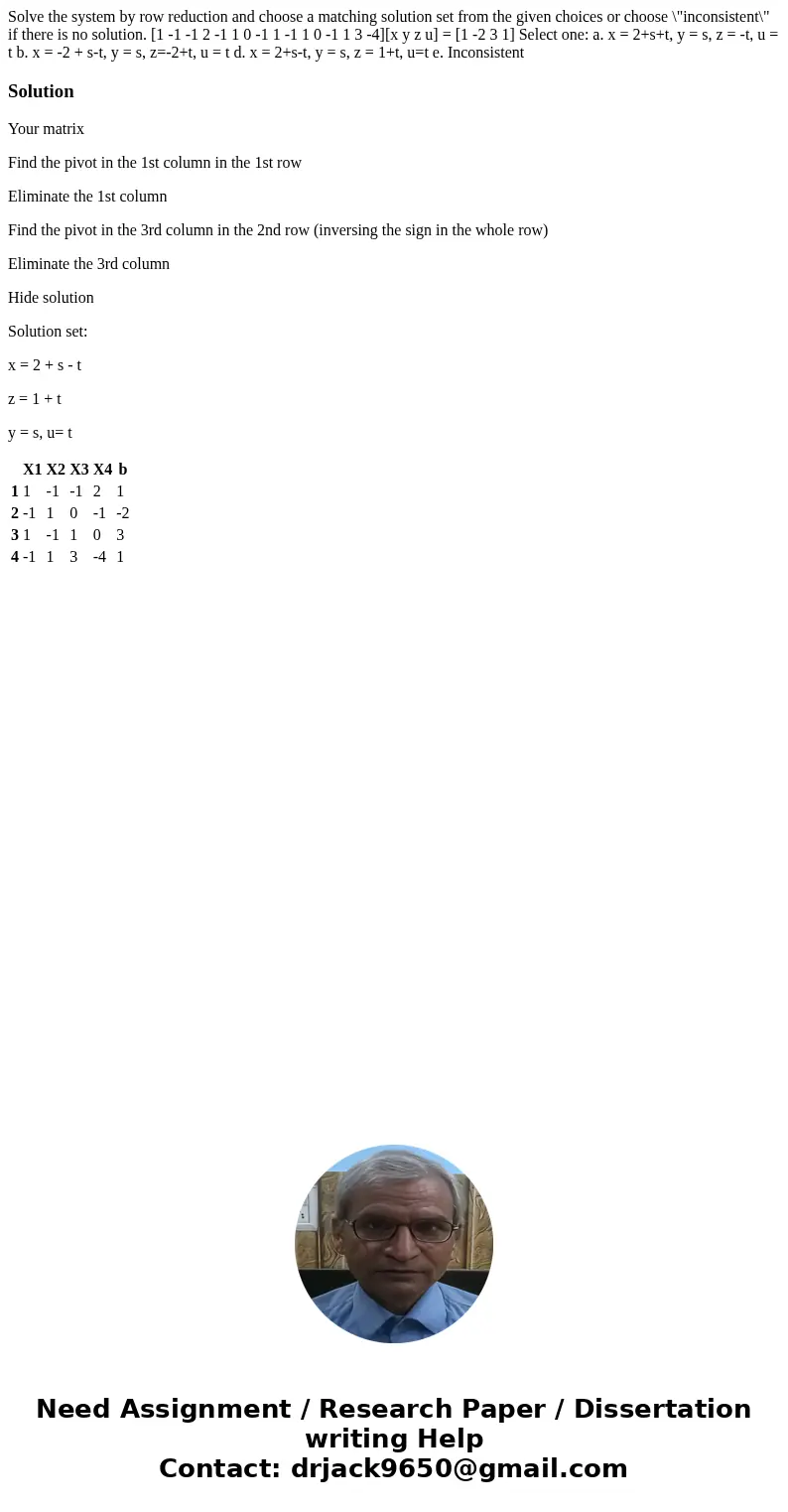 Solve the system by row reduction and choose a matching solution set from the given choices or choose \  Solve the system by row reduction and choose a matching solution set from the given choices or choose \