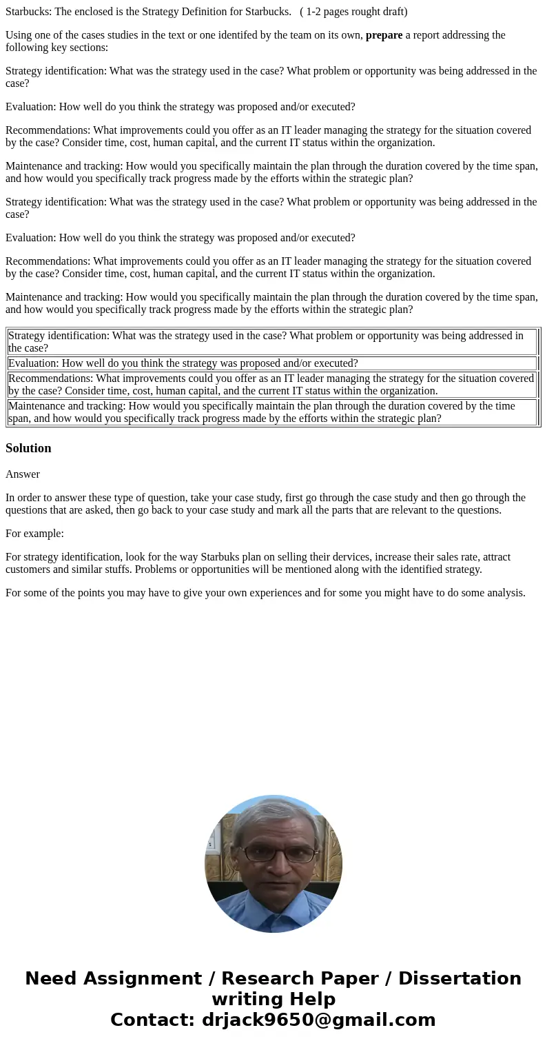 Starbucks: The enclosed is the Strategy Definition for Starbucks. ( 1-2 pages rought draft) Using one of the cases studies in the text or one identifed by the t Starbucks: The enclosed is the Strategy Definition for Starbucks. ( 1-2 pages rought draft) Using one of the cases studies in the text or one identifed by the t