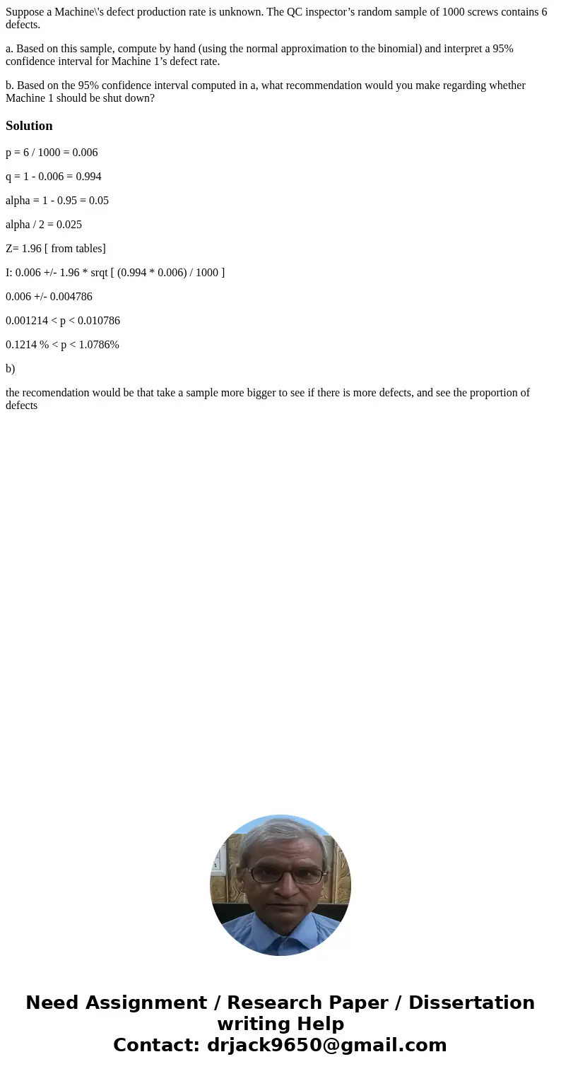 Suppose a Machine\'s defect production rate is unknown. The QC inspector’s random sample of 1000 screws contains 6 defects. a. Based on this sample, compute by  Suppose a Machine\'s defect production rate is unknown. The QC inspector’s random sample of 1000 screws contains 6 defects. a. Based on this sample, compute by