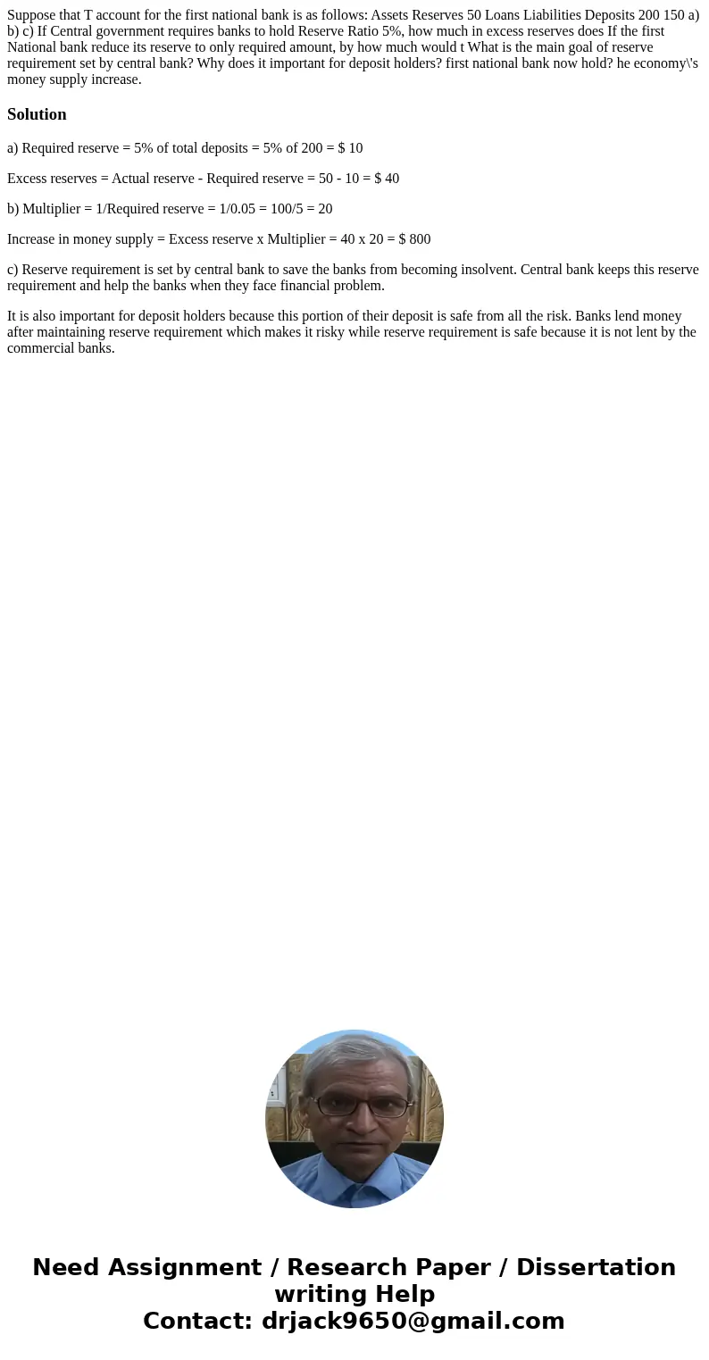 Suppose that T account for the first national bank is as follows: Assets Reserves 50 Loans Liabilities Deposits 200 150 a) b) c) If Central government requires  Suppose that T account for the first national bank is as follows: Assets Reserves 50 Loans Liabilities Deposits 200 150 a) b) c) If Central government requires