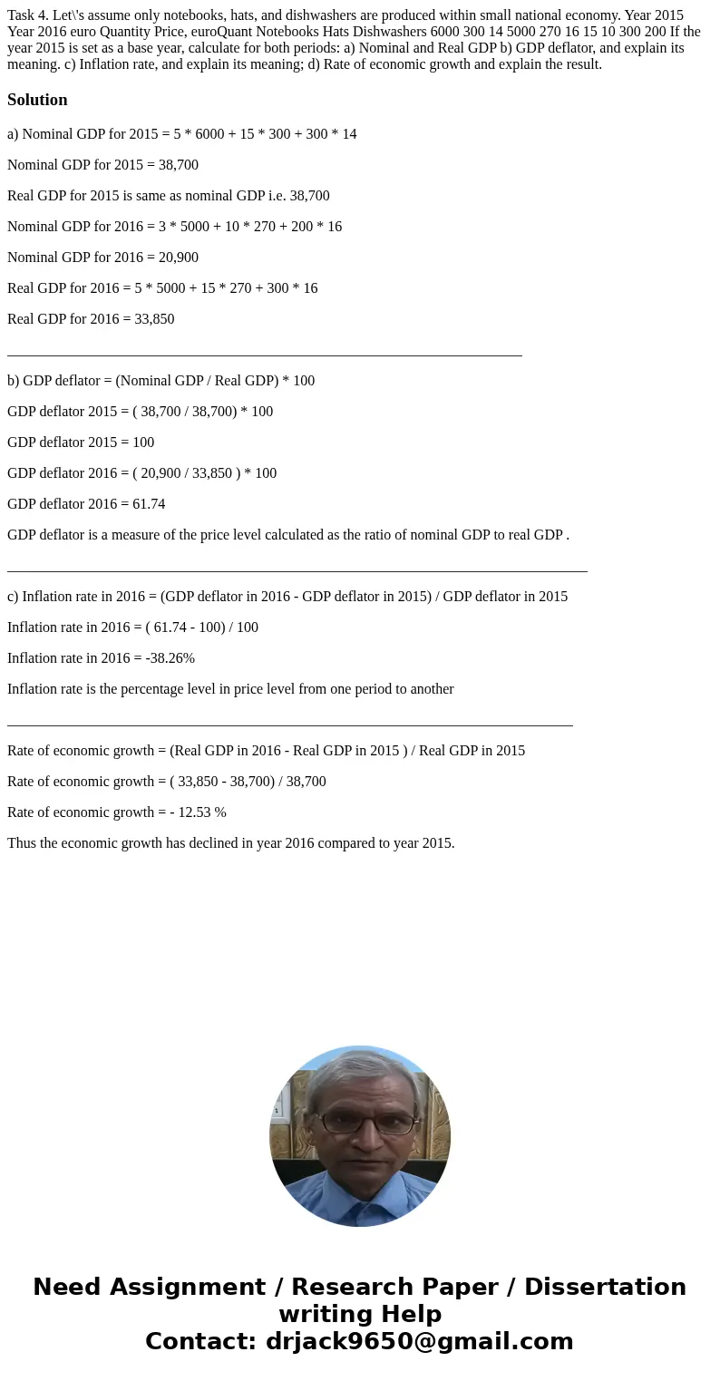  Task 4. Let\'s assume only notebooks, hats, and dishwashers are produced within small national economy. Year 2015 Year 2016 euro Quantity Price, euroQuant Note