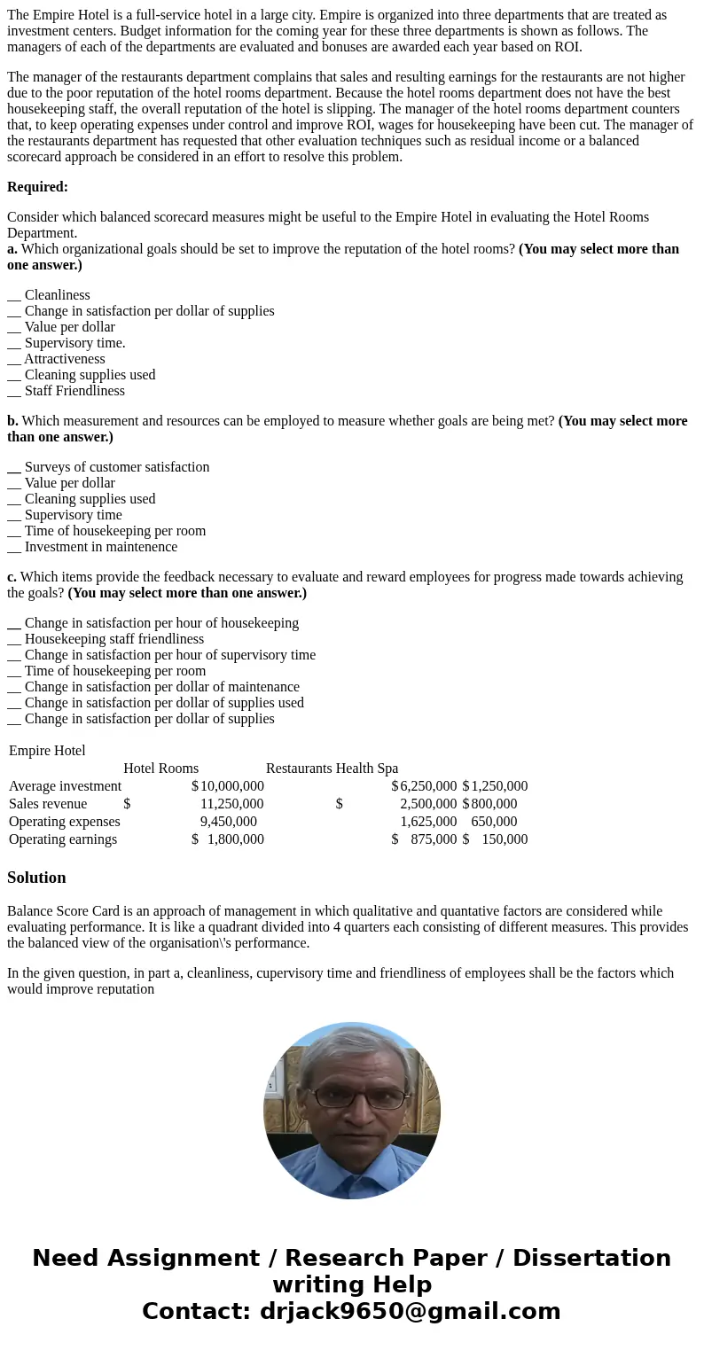 The Empire Hotel is a full-service hotel in a large city. Empire is organized into three departments that are treated as investment centers. Budget information 