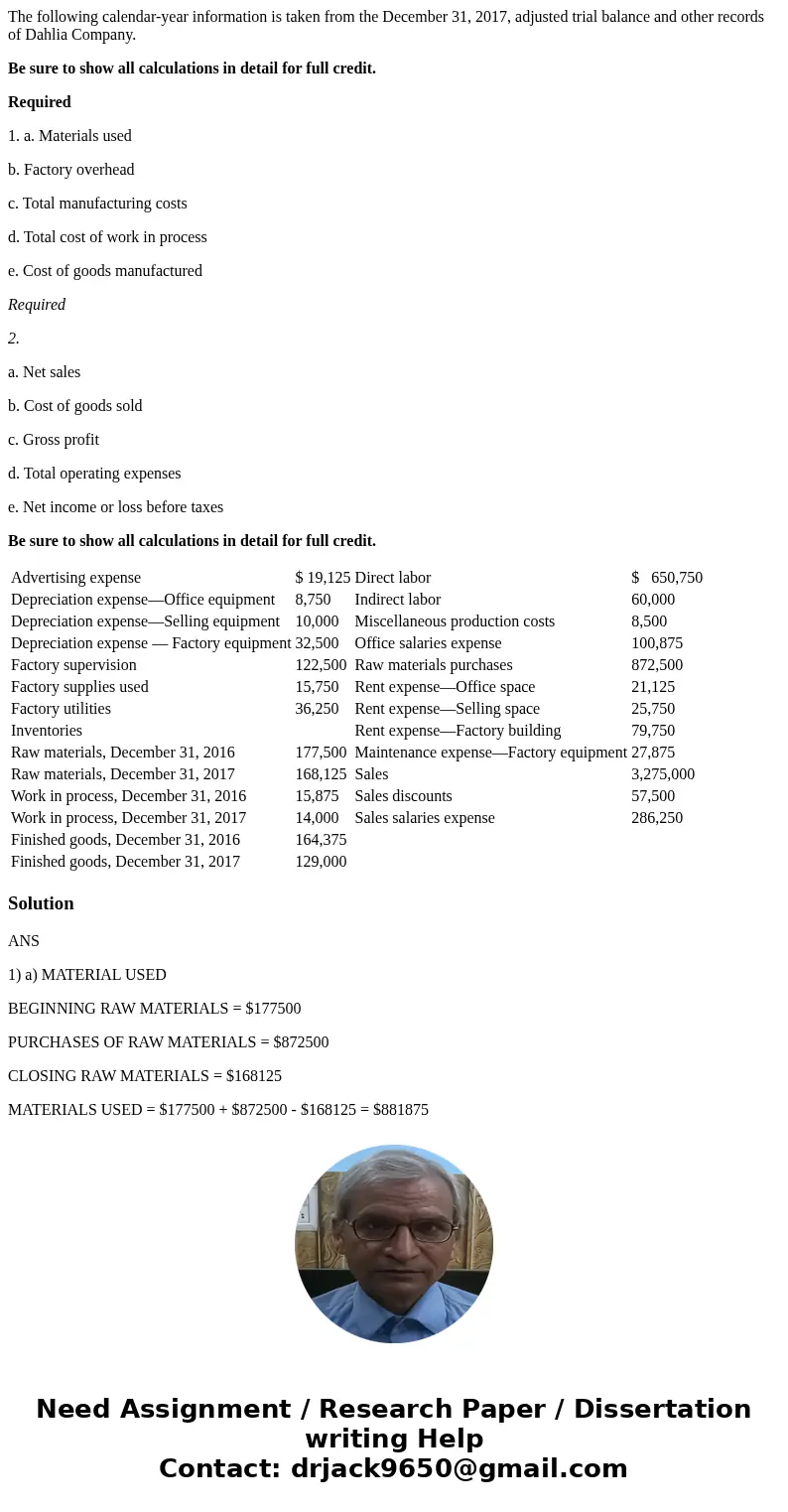 The following calendar-year information is taken from the December 31, 2017, adjusted trial balance and other records of Dahlia Company. Be sure to show all cal The following calendar-year information is taken from the December 31, 2017, adjusted trial balance and other records of Dahlia Company. Be sure to show all cal