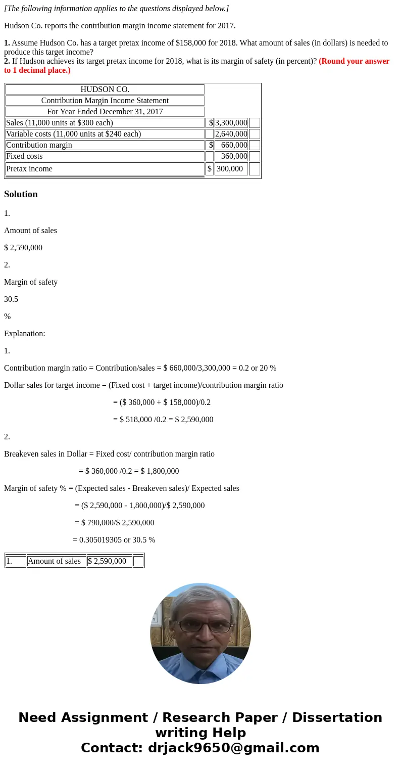  [The following information applies to the questions displayed below.] Hudson Co. reports the contribution margin income statement for 2017. 1. Assume Hudson Co