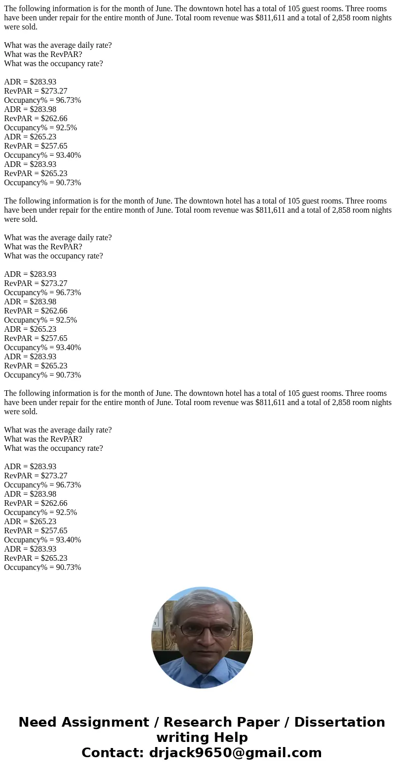 The following information is for the month of June. The downtown hotel has a total of 105 guest rooms. Three rooms have been under repair for the entire month   The following information is for the month of June. The downtown hotel has a total of 105 guest rooms. Three rooms have been under repair for the entire month
