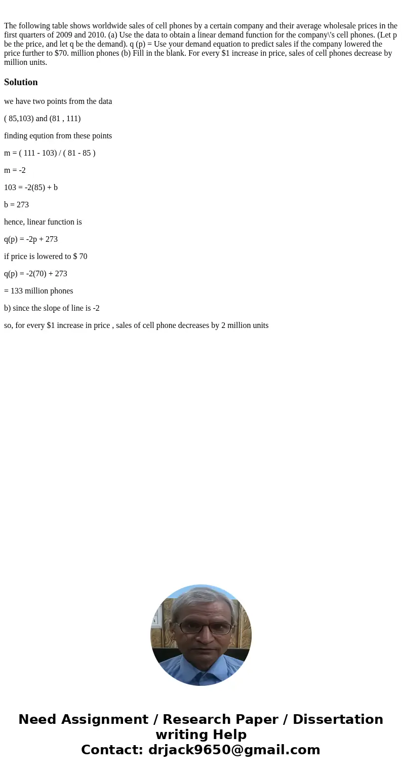 The following table shows worldwide sales of cell phones by a certain company and their average wholesale prices in the first quarters of 2009 and 2010. (a) Us  The following table shows worldwide sales of cell phones by a certain company and their average wholesale prices in the first quarters of 2009 and 2010. (a) Us