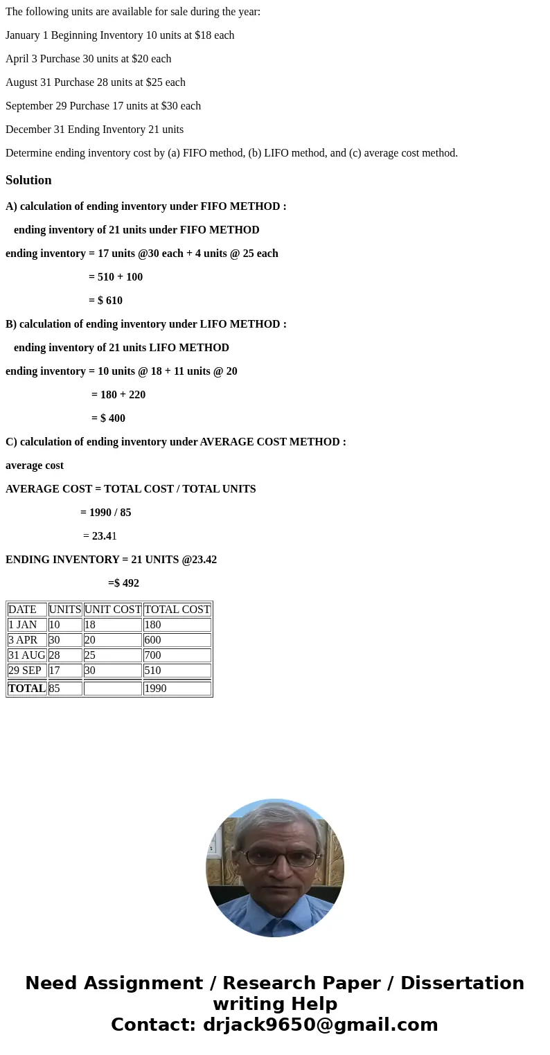 The following units are available for sale during the year: January 1 Beginning Inventory 10 units at $18 each April 3 Purchase 30 units at $20 each August 31 P The following units are available for sale during the year: January 1 Beginning Inventory 10 units at $18 each April 3 Purchase 30 units at $20 each August 31 P