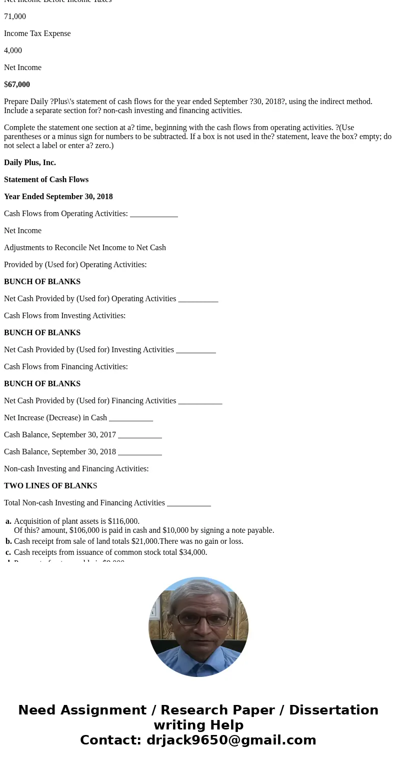 The income statement and additional data of Daily ?Plus, Inc.? follows: a. Acquisition of plant assets is $116,000. Of this? amount, $106,000 is paid in cash an