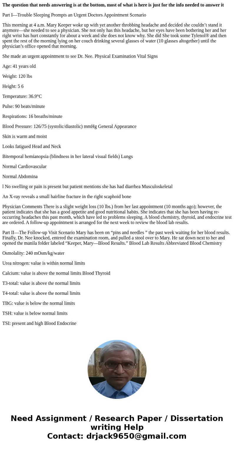 The question that needs answering is at the bottom, most of what is here is just for the info needed to answer it Part I—Trouble Sleeping Prompts an Urgent Doct The question that needs answering is at the bottom, most of what is here is just for the info needed to answer it Part I—Trouble Sleeping Prompts an Urgent Doct
