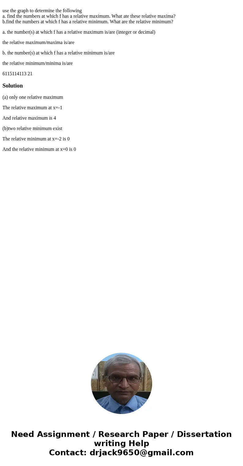 use the graph to determine the following a. find the numbers at which f has a relative maximum. What ate these relative maxima? b.find the numbers at which f h  use the graph to determine the following a. find the numbers at which f has a relative maximum. What ate these relative maxima? b.find the numbers at which f h