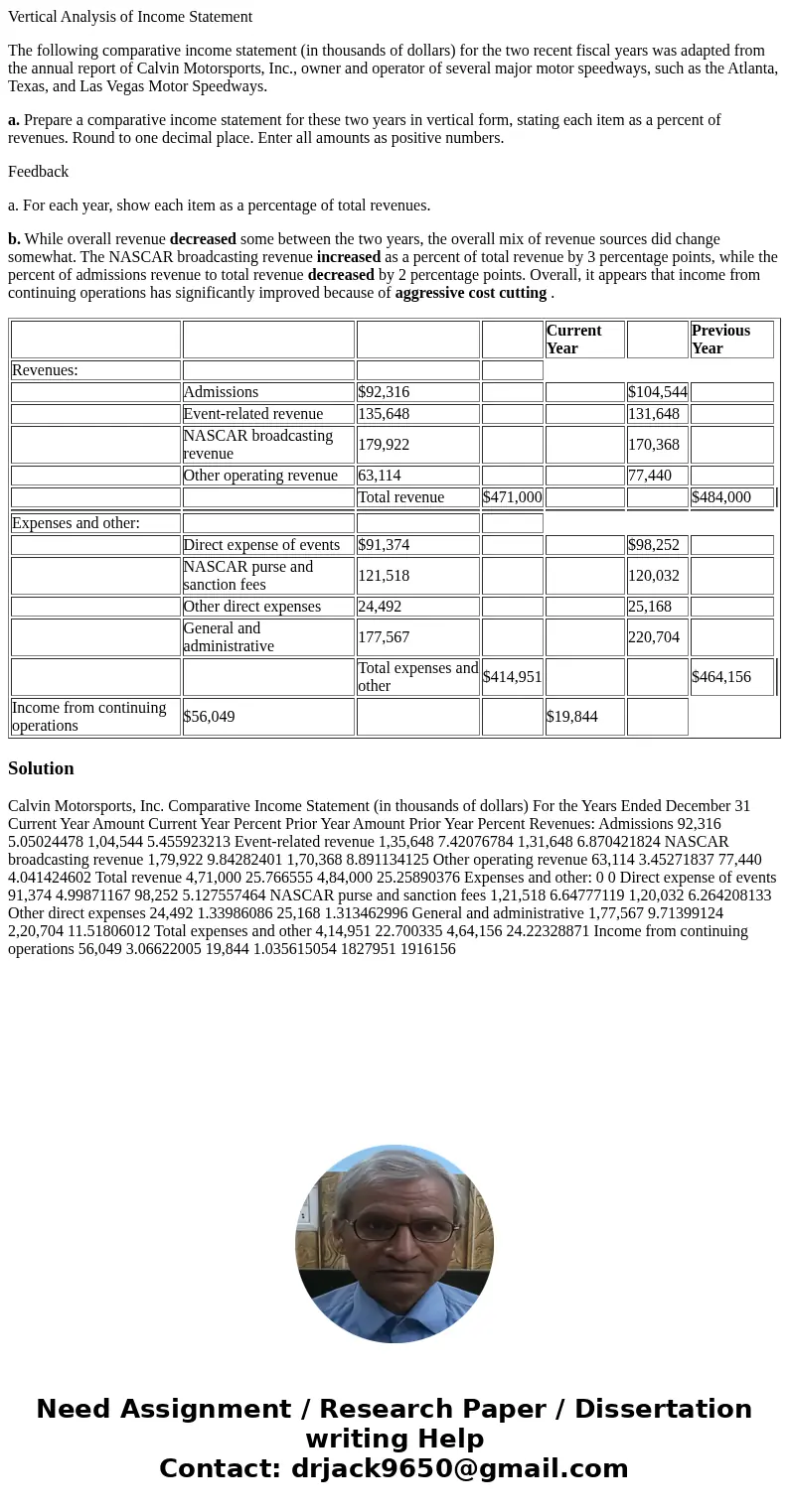 Vertical Analysis of Income Statement The following comparative income statement (in thousands of dollars) for the two recent fiscal years was adapted from the 