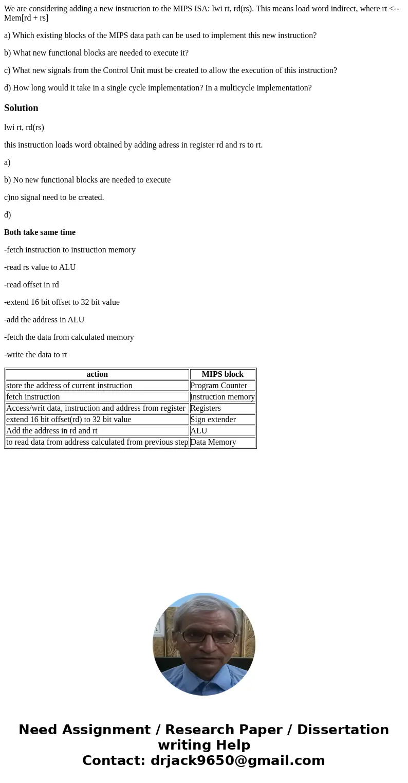 We are considering adding a new instruction to the MIPS ISA: lwi rt, rd(rs). This means load word indirect, where rt <-- Mem[rd + rs] a) Which existing block