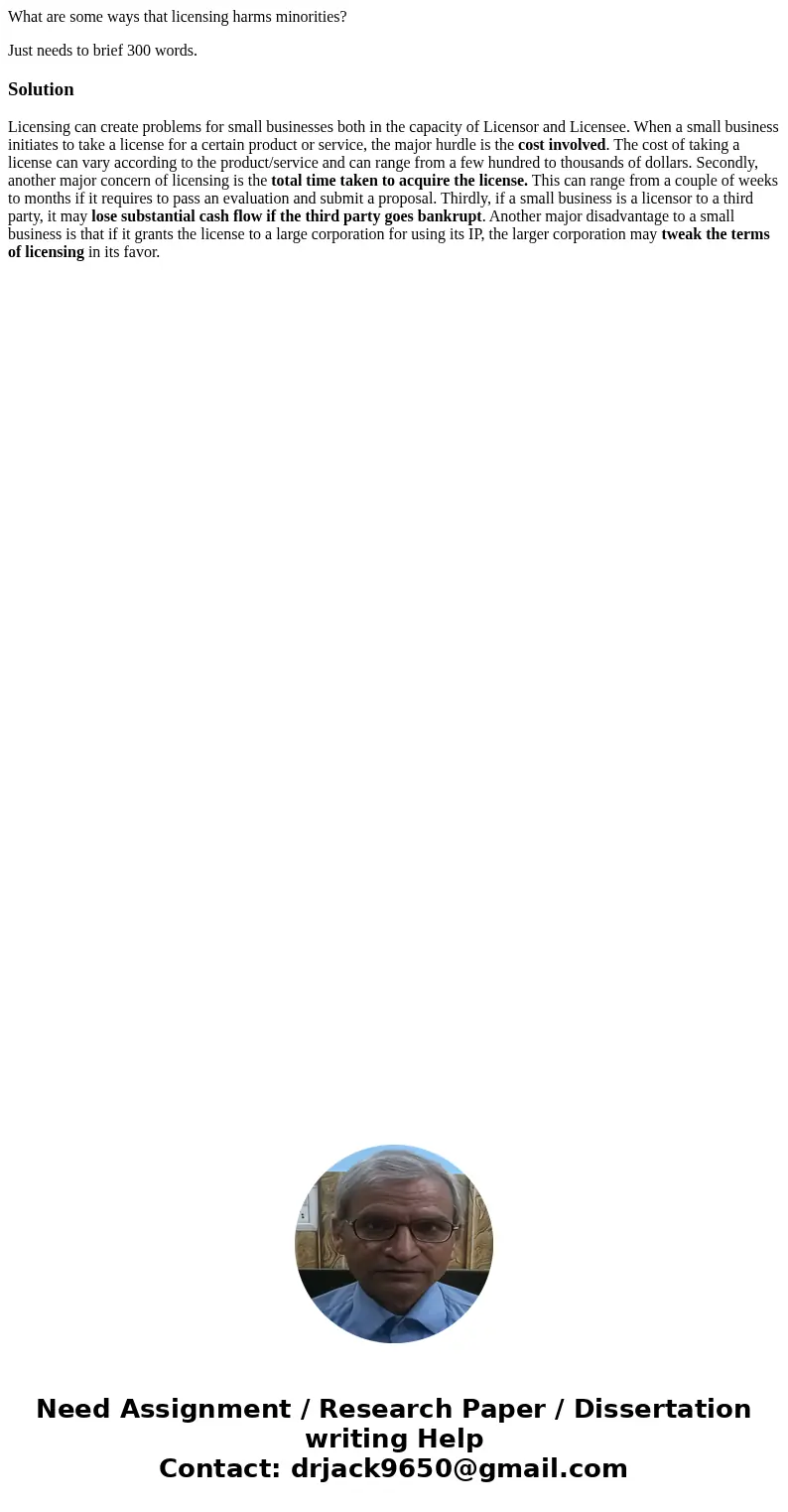 What are some ways that licensing harms minorities? Just needs to brief 300 words.SolutionLicensing can create problems for small businesses both in the capacit What are some ways that licensing harms minorities? Just needs to brief 300 words.SolutionLicensing can create problems for small businesses both in the capacit