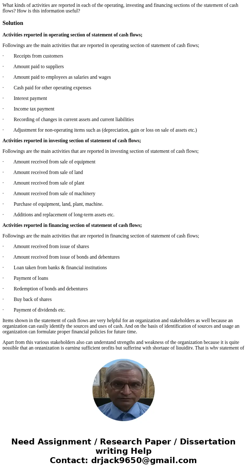 What kinds of activities are reported in each of the operating, investing and financing sections of the statement of cash flows? How is this information useful? What kinds of activities are reported in each of the operating, investing and financing sections of the statement of cash flows? How is this information useful?