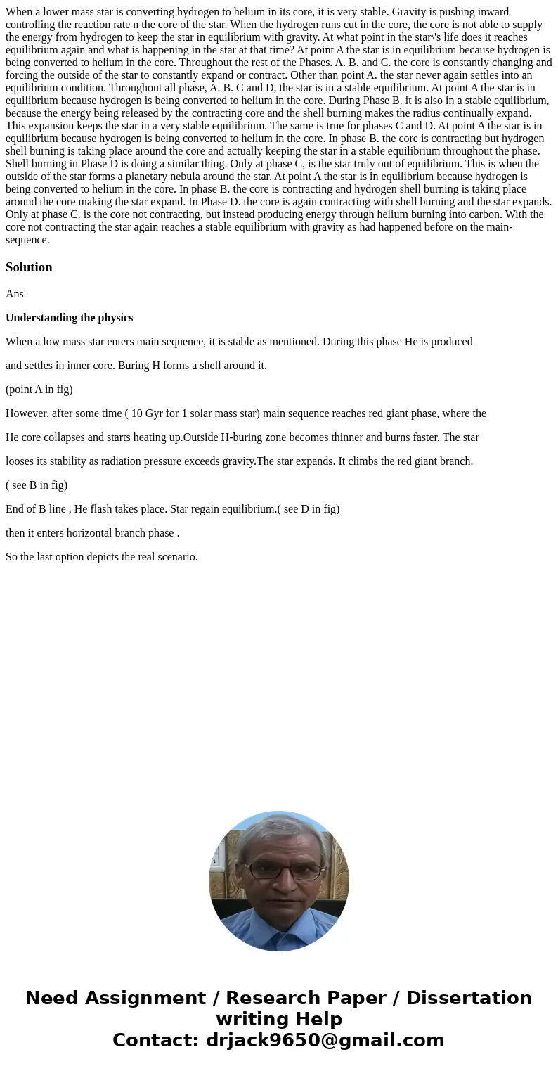 When a lower mass star is converting hydrogen to helium in its core, it is very stable. Gravity is pushing inward controlling the reaction rate n the core of t  When a lower mass star is converting hydrogen to helium in its core, it is very stable. Gravity is pushing inward controlling the reaction rate n the core of t