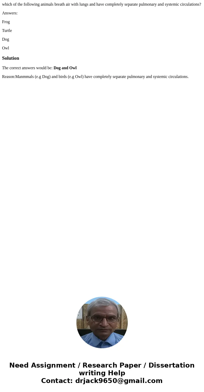 which of the following animals breath air with lungs and have completely separate pulmonary and systemic circulations? Answers: Frog Turtle Dog OwlSolutionThe c which of the following animals breath air with lungs and have completely separate pulmonary and systemic circulations? Answers: Frog Turtle Dog OwlSolutionThe c