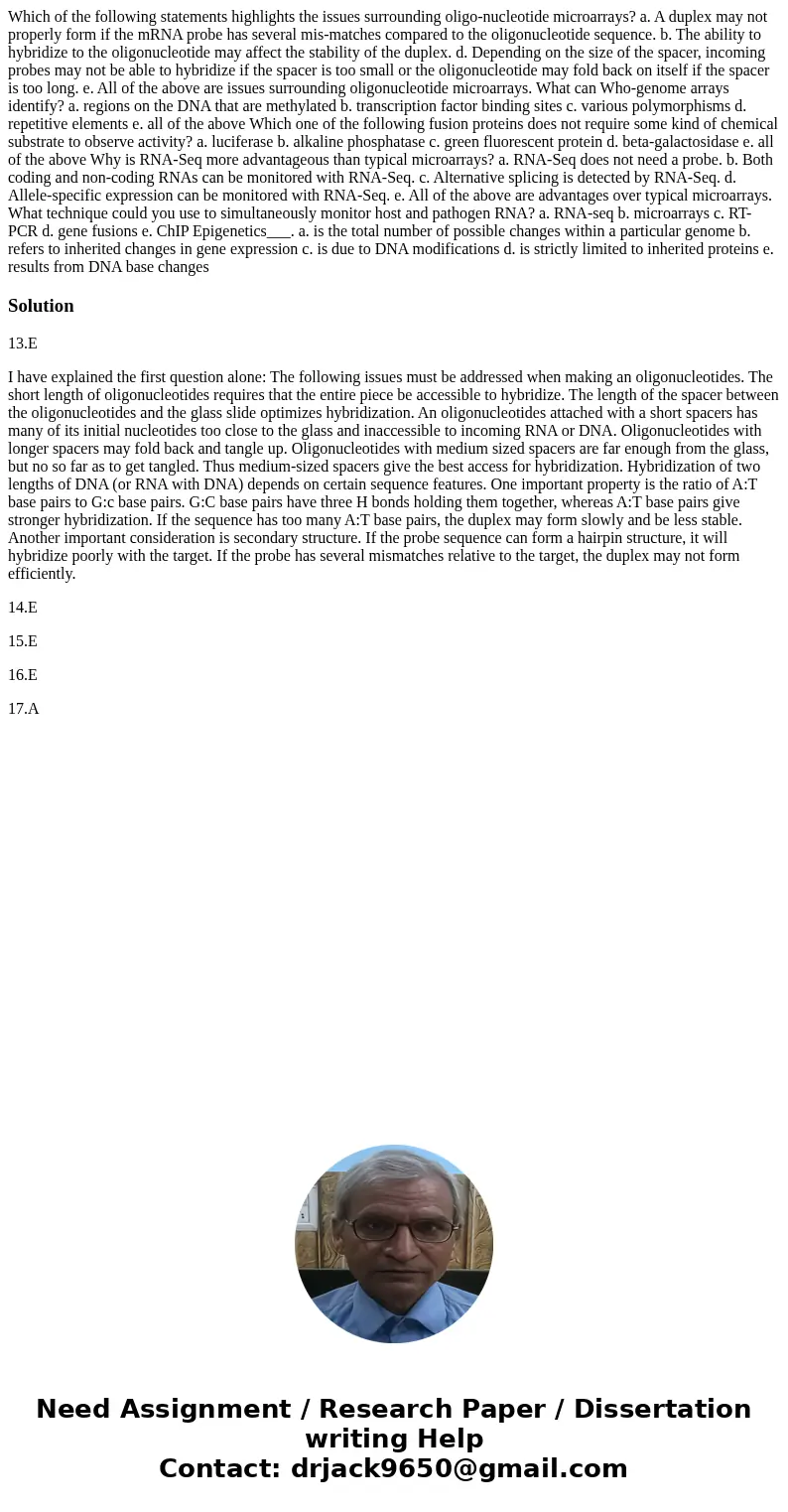  Which of the following statements highlights the issues surrounding oligo-nucleotide microarrays? a. A duplex may not properly form if the mRNA probe has sever