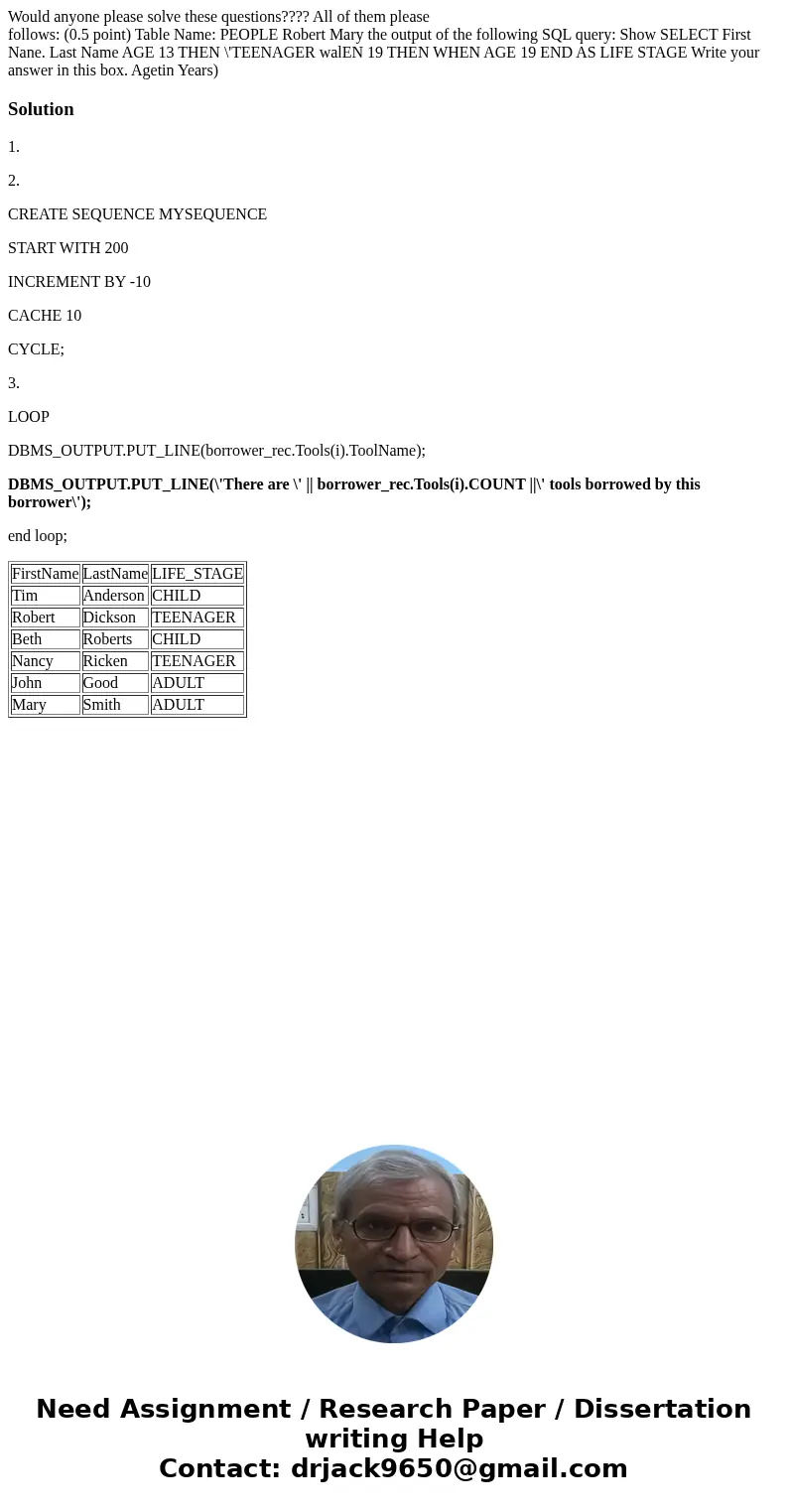 Would anyone please solve these questions???? All of them please follows: (0.5 point) Table Name: PEOPLE Robert Mary the output of the following SQL query: Show Would anyone please solve these questions???? All of them please follows: (0.5 point) Table Name: PEOPLE Robert Mary the output of the following SQL query: Show
