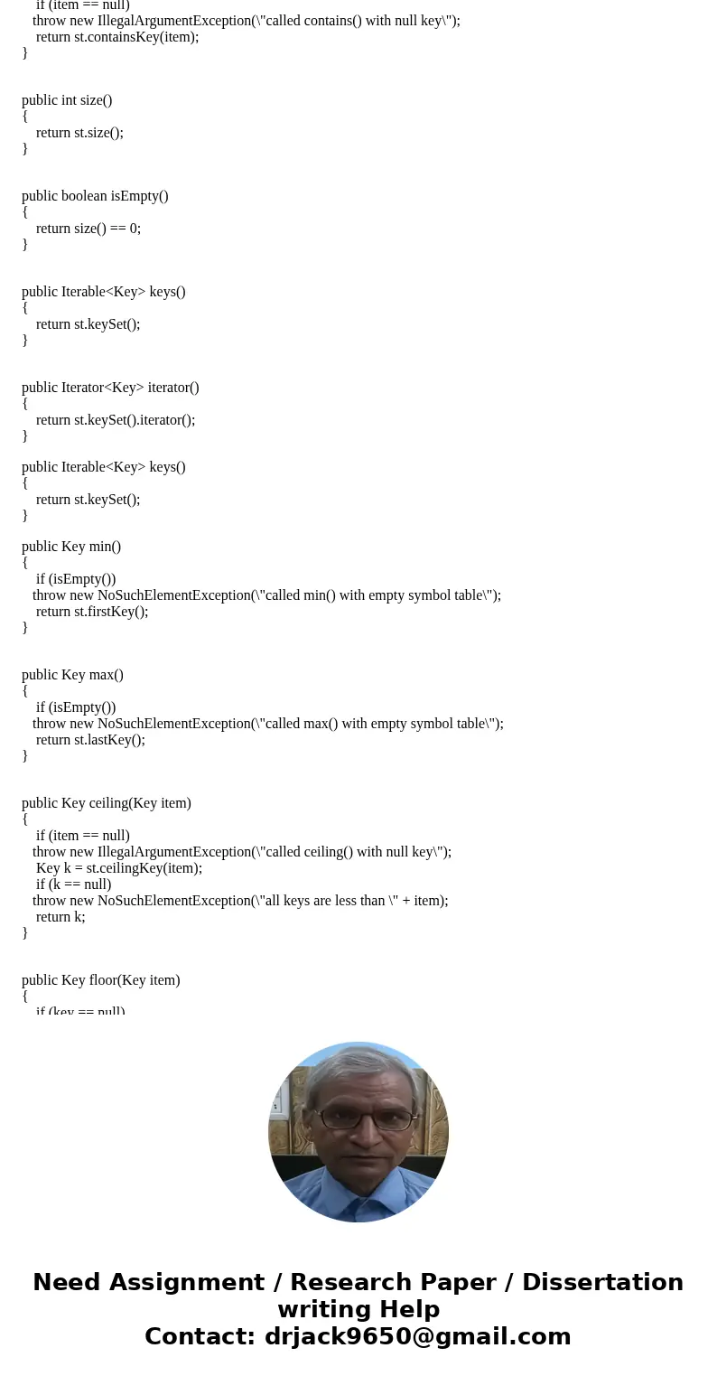 Write a test client for BinarySearchTree that checks the implementation of the following methods: min () max () keys () select () rank (), floor (), ceiling ()  Write a test client for BinarySearchTree that checks the implementation of the following methods: min () max () keys () select () rank (), floor (), ceiling ()