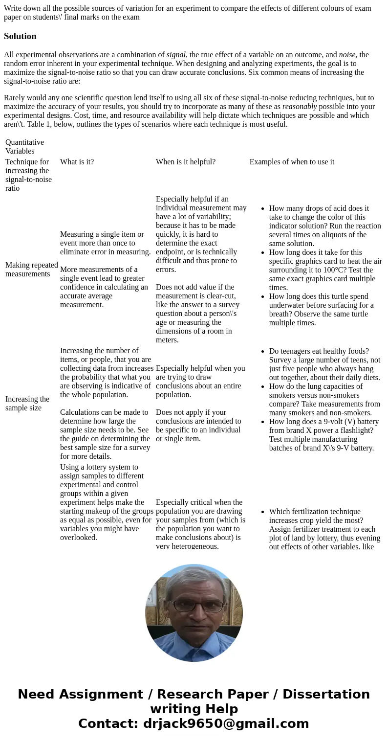  Write down all the possible sources of variation for an experiment to compare the effects of different colours of exam paper on students\' final marks on the e