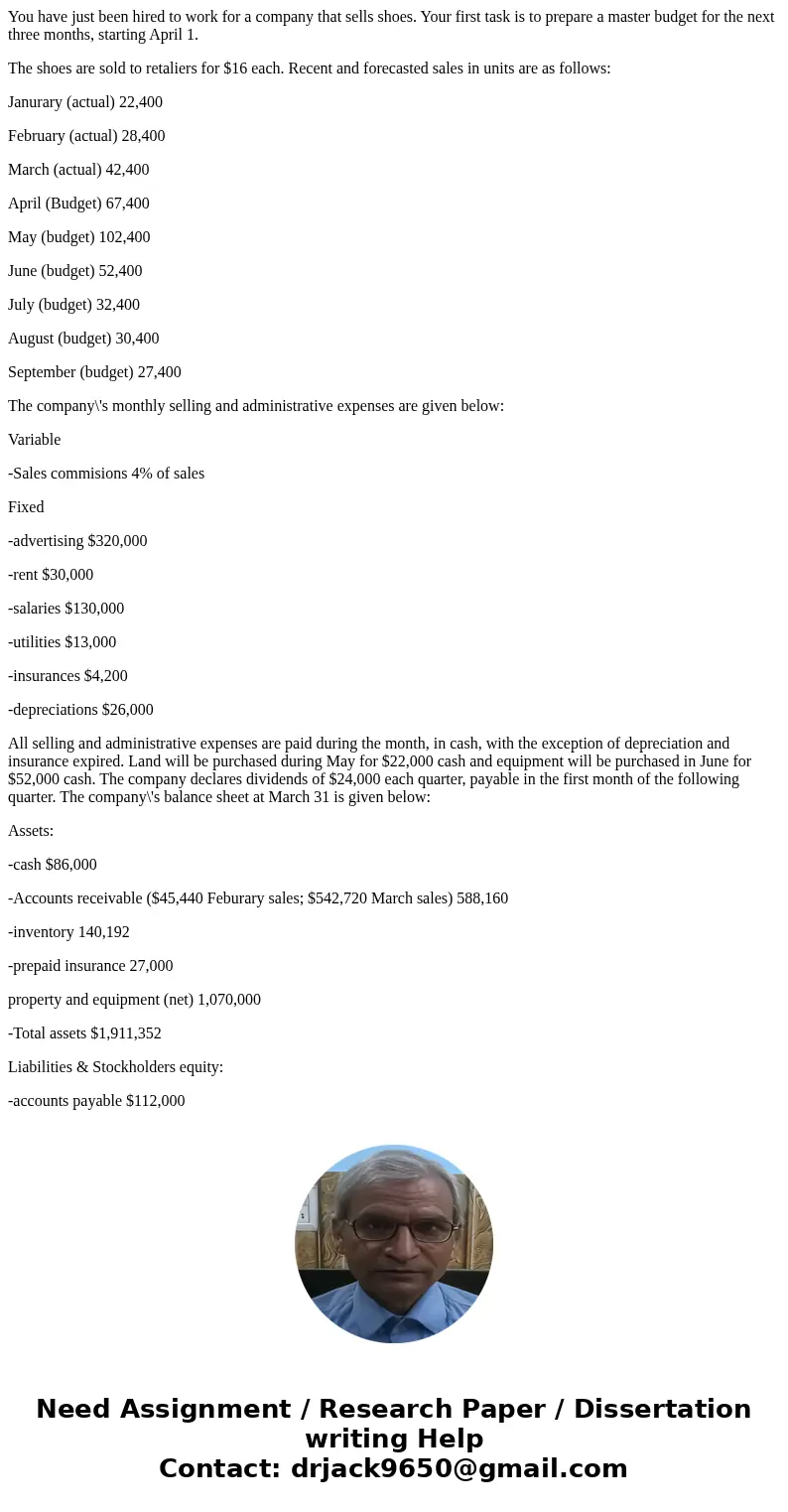 You have just been hired to work for a company that sells shoes. Your first task is to prepare a master budget for the next three months, starting April 1. The  You have just been hired to work for a company that sells shoes. Your first task is to prepare a master budget for the next three months, starting April 1. The