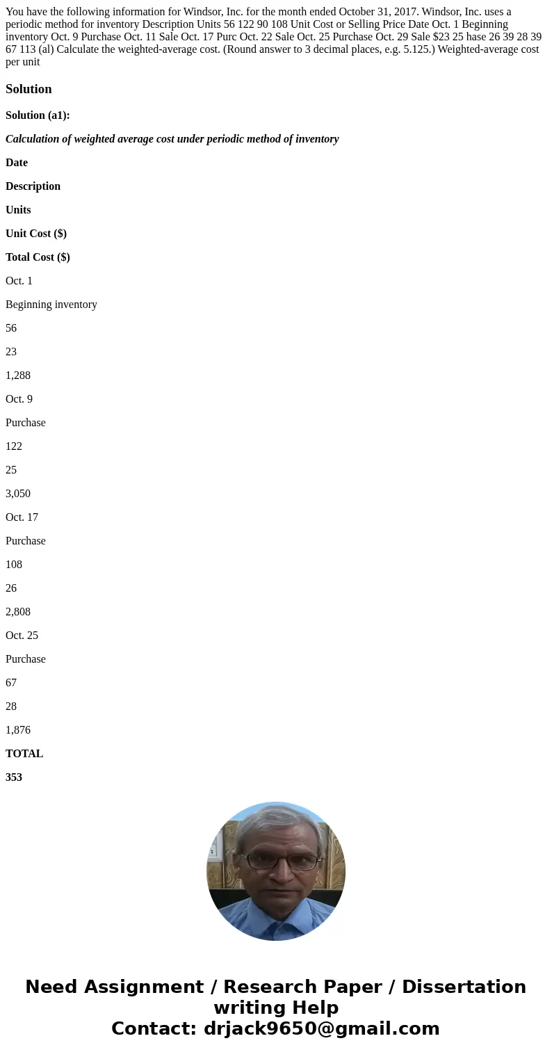 You have the following information for Windsor, Inc. for the month ended October 31, 2017. Windsor, Inc. uses a periodic method for inventory Description Units  You have the following information for Windsor, Inc. for the month ended October 31, 2017. Windsor, Inc. uses a periodic method for inventory Description Units
