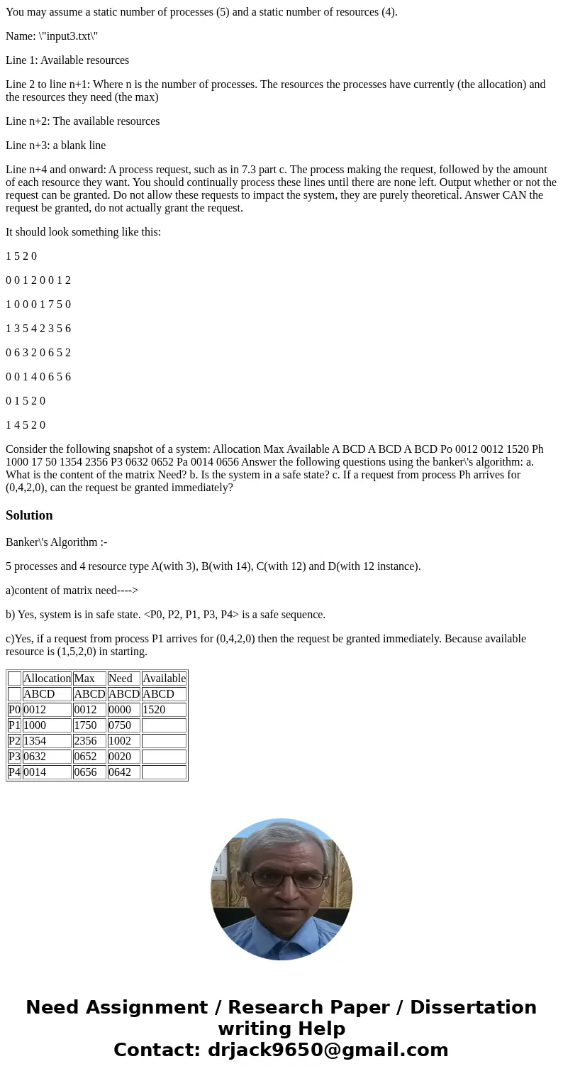 You may assume a static number of processes (5) and a static number of resources (4). Name: \ You may assume a static number of processes (5) and a static number of resources (4). Name: \