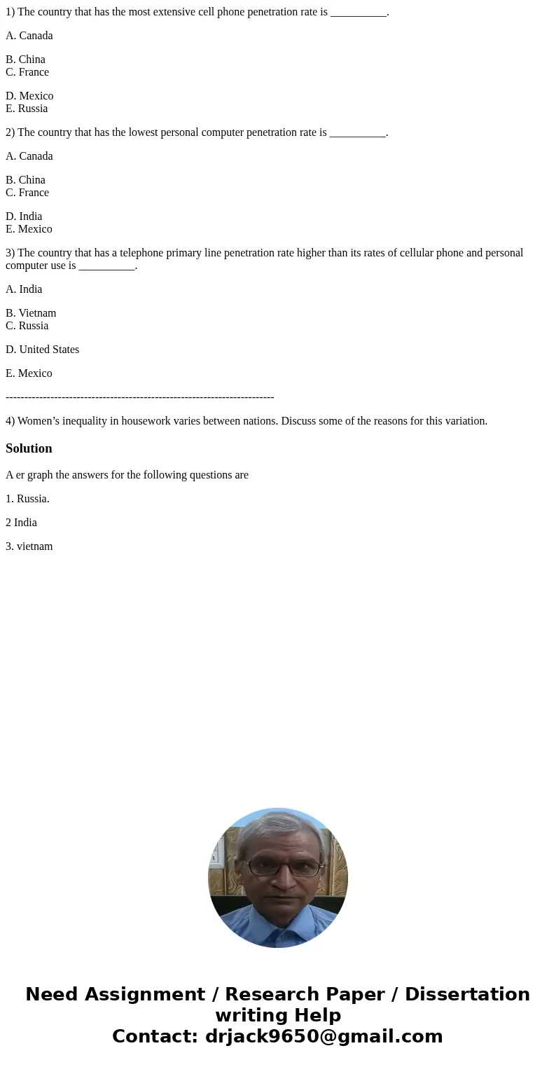1) The country that has the most extensive cell phone penetration rate is __________. A. Canada B. China C. France D. Mexico E. Russia 2) The country that has t 1) The country that has the most extensive cell phone penetration rate is __________. A. Canada B. China C. France D. Mexico E. Russia 2) The country that has t