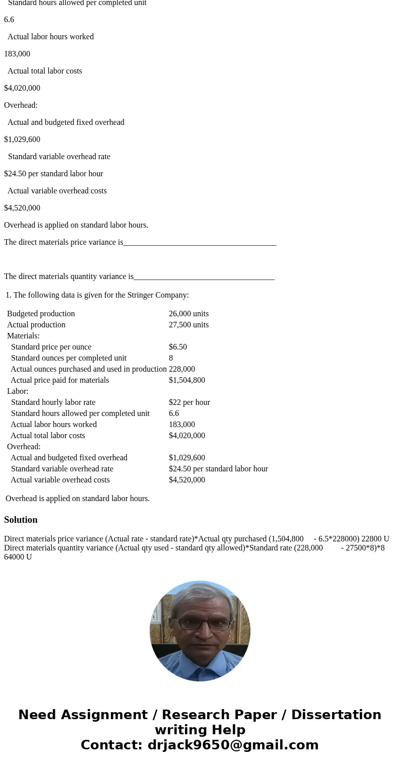 1. The following data is given for the Stringer Company: Budgeted production 26,000 units Actual production 27,500 units Materials: Standard price per ounce $6. 1. The following data is given for the Stringer Company: Budgeted production 26,000 units Actual production 27,500 units Materials: Standard price per ounce $6.