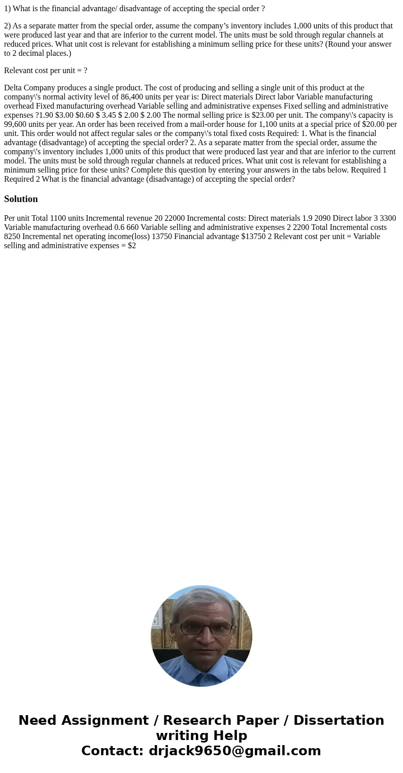 1) What is the financial advantage/ disadvantage of accepting the special order ? 2) As a separate matter from the special order, assume the company’s inventory 1) What is the financial advantage/ disadvantage of accepting the special order ? 2) As a separate matter from the special order, assume the company’s inventory