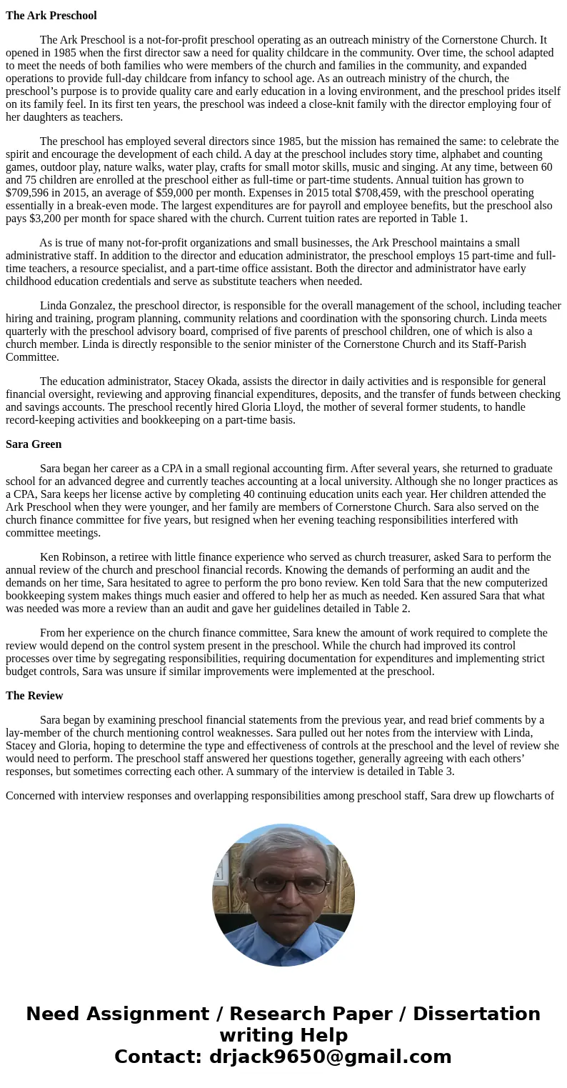 1) Who are the stakeholders in the Ark Preschool? 2) Using COSO (2013), identify principles of effective control and associated risks that could threaten presch 1) Who are the stakeholders in the Ark Preschool? 2) Using COSO (2013), identify principles of effective control and associated risks that could threaten presch