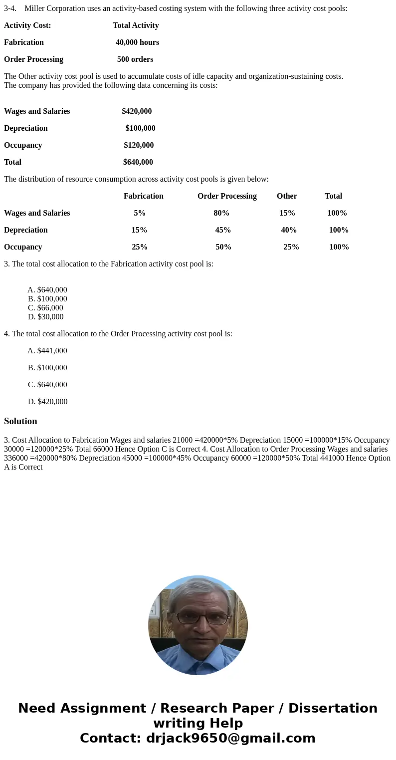 3-4. Miller Corporation uses an activity-based costing system with the following three activity cost pools: Activity Cost: Total Activity Fabrication 40,000 hou 3-4. Miller Corporation uses an activity-based costing system with the following three activity cost pools: Activity Cost: Total Activity Fabrication 40,000 hou