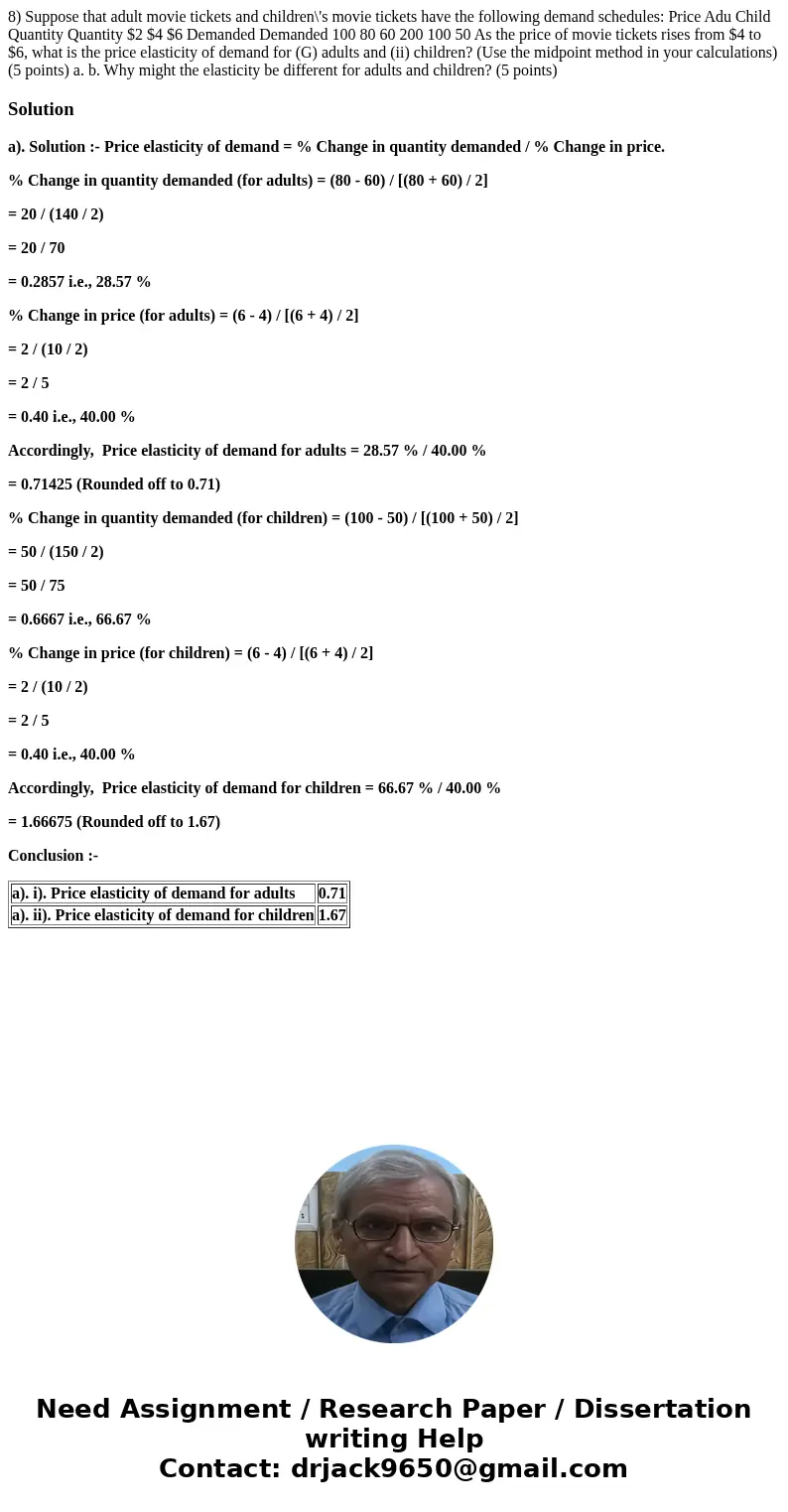 8) Suppose that adult movie tickets and children\'s movie tickets have the following demand schedules: Price Adu Child Quantity Quantity $2 $4 $6 Demanded Dema  8) Suppose that adult movie tickets and children\'s movie tickets have the following demand schedules: Price Adu Child Quantity Quantity $2 $4 $6 Demanded Dema