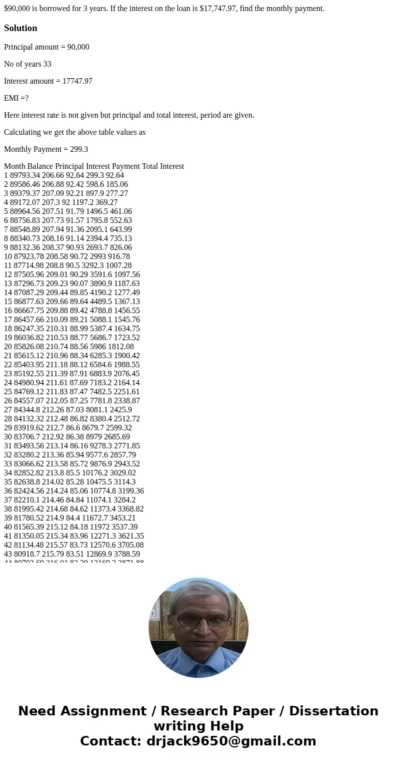 $90,000 is borrowed for 3 years. If the interest on the loan is $17,747.97, find the monthly payment.SolutionPrincipal amount = 90,000 No of years 33 Interest a $90,000 is borrowed for 3 years. If the interest on the loan is $17,747.97, find the monthly payment.SolutionPrincipal amount = 90,000 No of years 33 Interest a