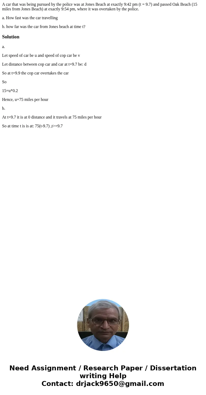 A car that was being pursued by the police was at Jones Beach at exactly 9:42 pm (t = 9.7) and passed Oak Beach (15 miles from Jones Beach) at exactly 9:54 pm,  A car that was being pursued by the police was at Jones Beach at exactly 9:42 pm (t = 9.7) and passed Oak Beach (15 miles from Jones Beach) at exactly 9:54 pm,