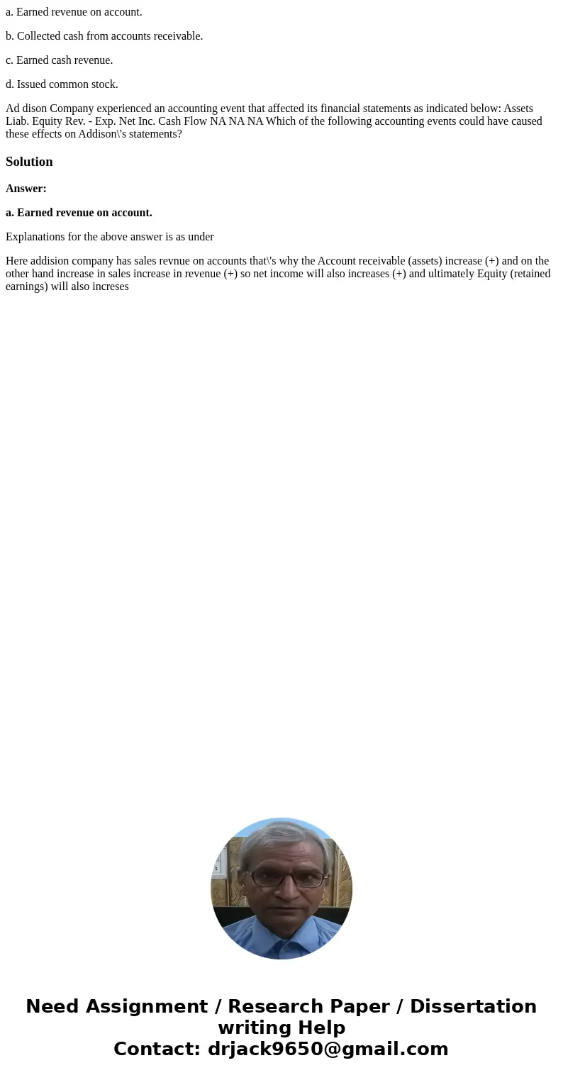 a. Earned revenue on account. b. Collected cash from accounts receivable. c. Earned cash revenue. d. Issued common stock. Ad dison Company experienced an accoun a. Earned revenue on account. b. Collected cash from accounts receivable. c. Earned cash revenue. d. Issued common stock. Ad dison Company experienced an accoun