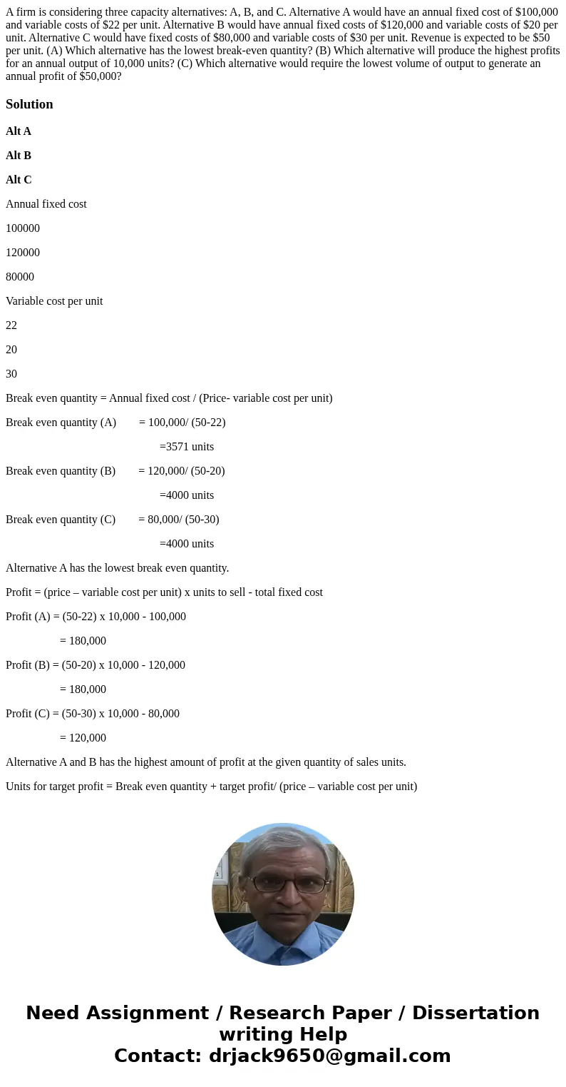 A firm is considering three capacity alternatives: A, B, and C. Alternative A would have an annual fixed cost of $100,000 and variable costs of $22 per unit. Al A firm is considering three capacity alternatives: A, B, and C. Alternative A would have an annual fixed cost of $100,000 and variable costs of $22 per unit. Al