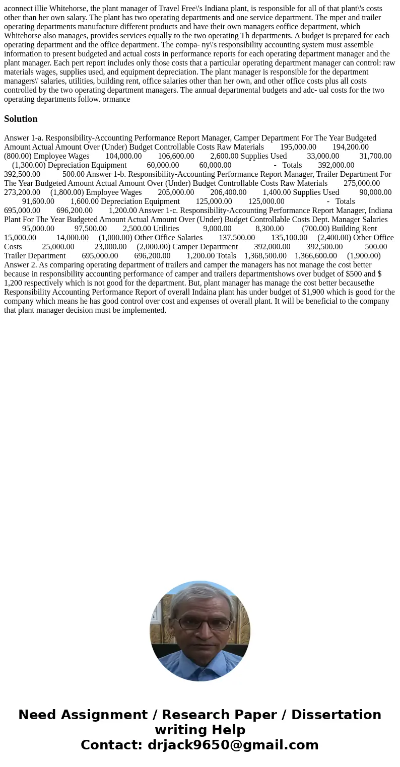 aconnect illie Whitehorse, the plant manager of Travel Free\'s Indiana plant, is responsible for all of that plant\'s costs other than her own salary. The plan  aconnect illie Whitehorse, the plant manager of Travel Free\'s Indiana plant, is responsible for all of that plant\'s costs other than her own salary. The plan
