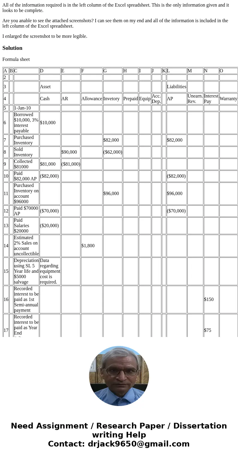 All of the information required is in the left column of the Excel spreadsheet. This is the only information given and it looks to be complete. Are you anable t All of the information required is in the left column of the Excel spreadsheet. This is the only information given and it looks to be complete. Are you anable t