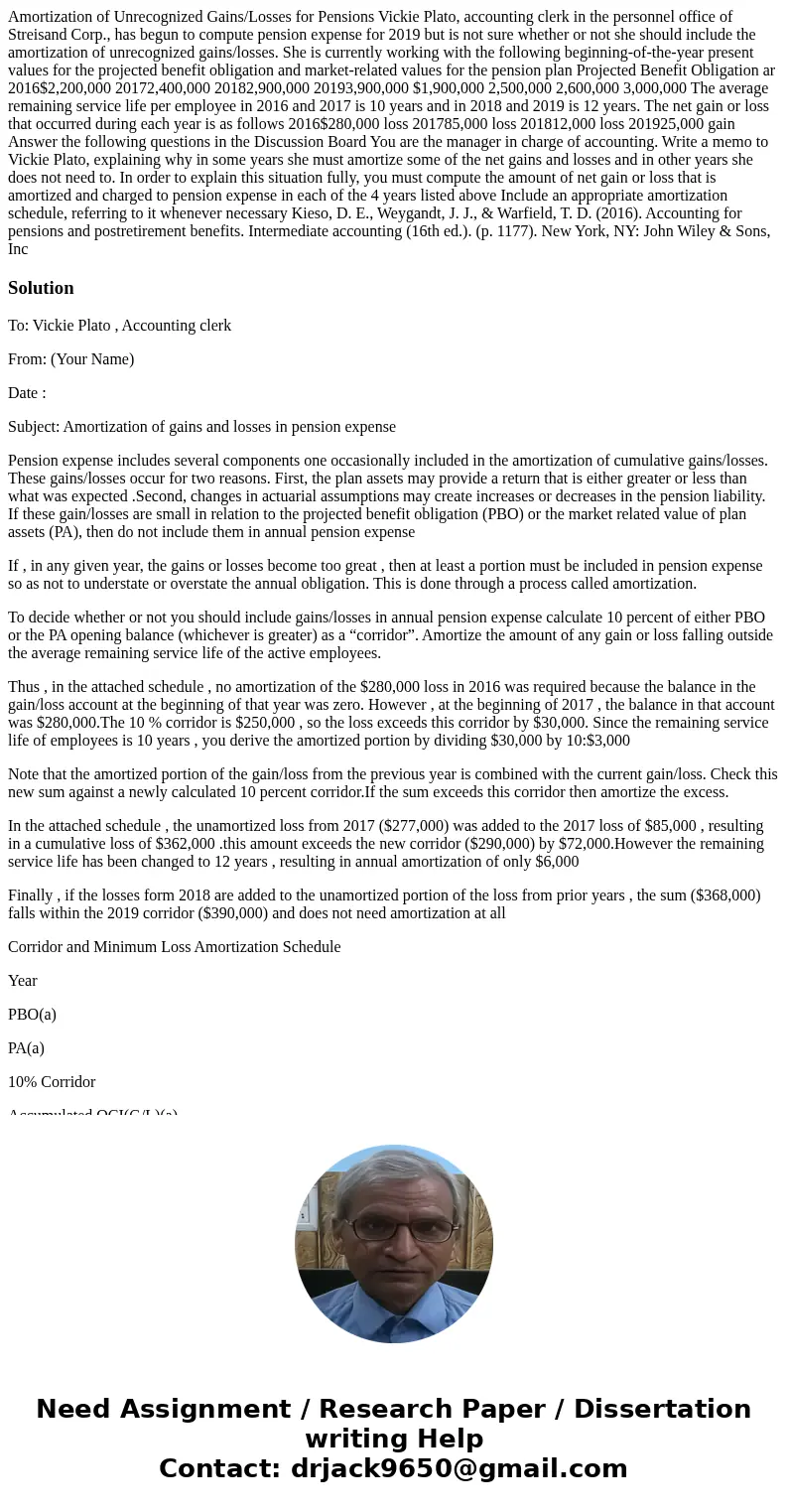  Amortization of Unrecognized Gains/Losses for Pensions Vickie Plato, accounting clerk in the personnel office of Streisand Corp., has begun to compute pension 