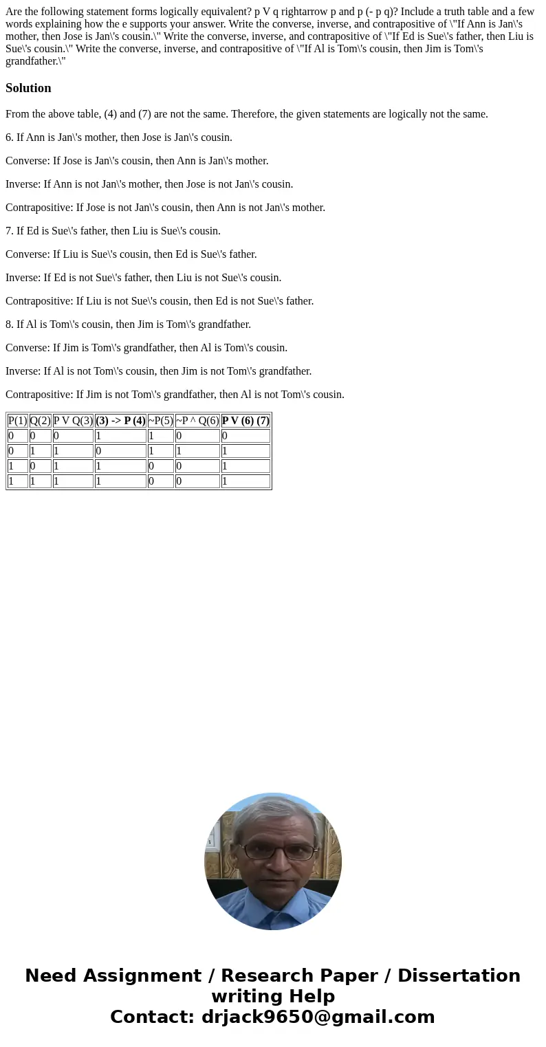 Are the following statement forms logically equivalent? p V q rightarrow p and p (- p q)? Include a truth table and a few words explaining how the e supports y  Are the following statement forms logically equivalent? p V q rightarrow p and p (- p q)? Include a truth table and a few words explaining how the e supports y