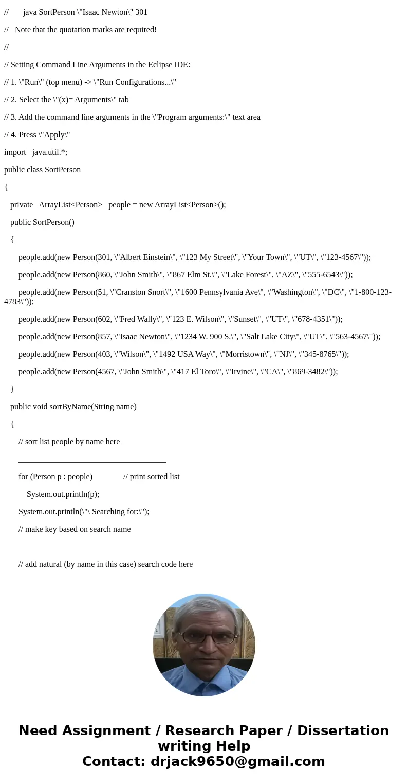 Assignment 1. Create a public class Person that implements the Comparable interface a. Instance V ariables private int id; private String name; private String s Assignment 1. Create a public class Person that implements the Comparable interface a. Instance V ariables private int id; private String name; private String s