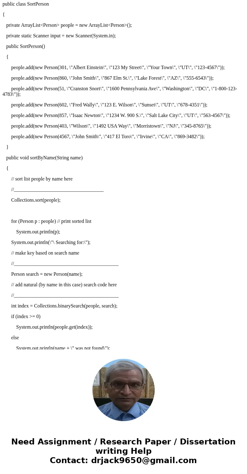 Assignment 1. Create a public class Person that implements the Comparable interface a. Instance V ariables private int id; private String name; private String s Assignment 1. Create a public class Person that implements the Comparable interface a. Instance V ariables private int id; private String name; private String s
