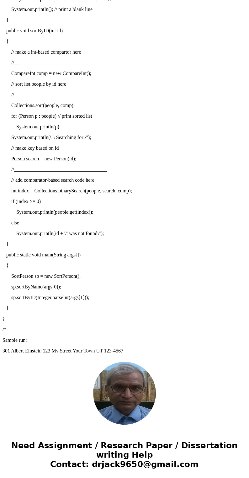 Assignment 1. Create a public class Person that implements the Comparable interface a. Instance V ariables private int id; private String name; private String s Assignment 1. Create a public class Person that implements the Comparable interface a. Instance V ariables private int id; private String name; private String s