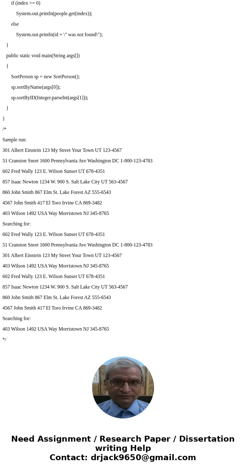 Assignment 1. Create a public class Person that implements the Comparable interface a. Instance V ariables private int id; private String name; private String s Assignment 1. Create a public class Person that implements the Comparable interface a. Instance V ariables private int id; private String name; private String s