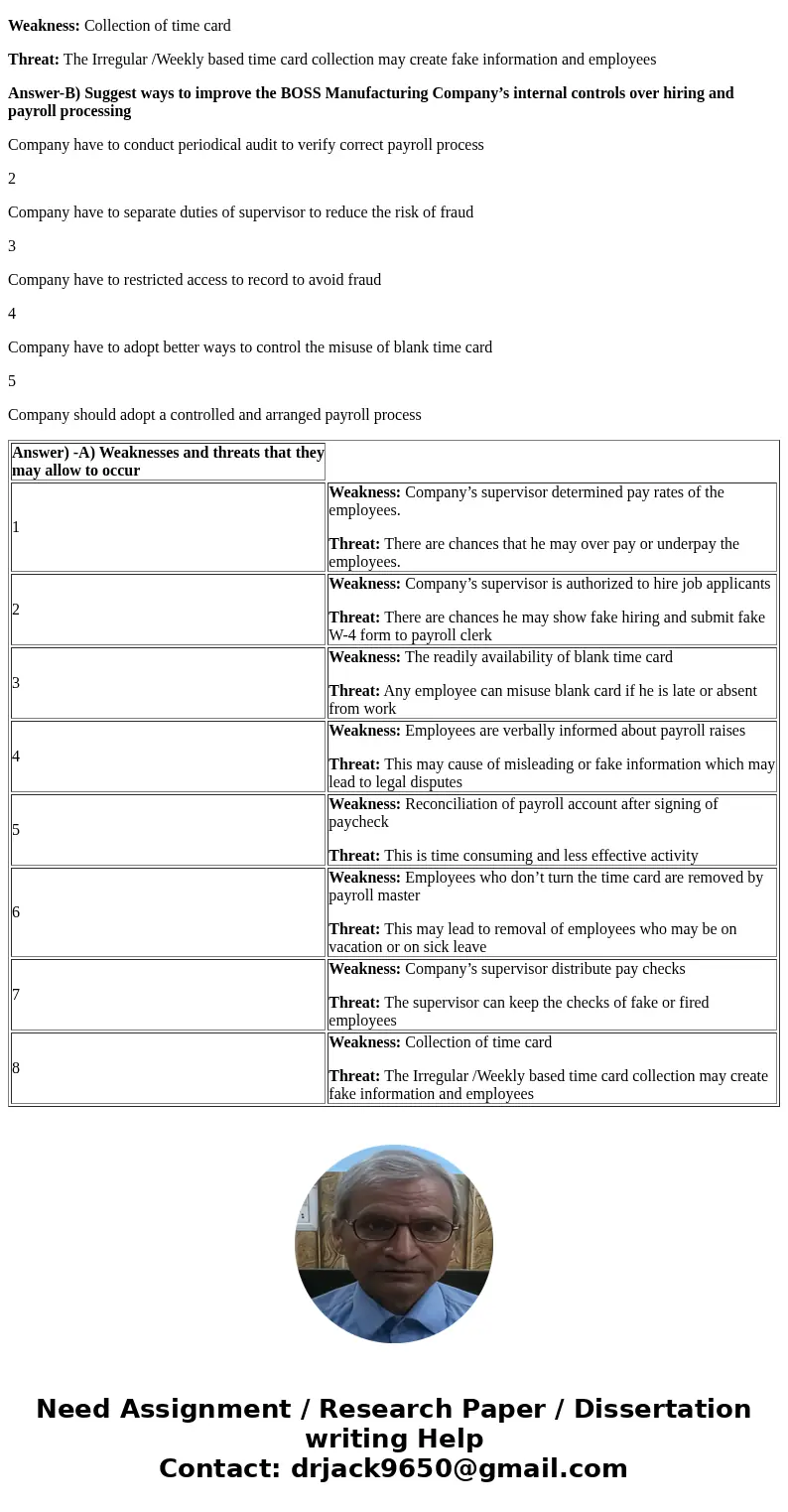 BOSS Manufacturing Company, which employs about 160 productions and administrative workers have the following payroll procedures: The factory supervisor intervi