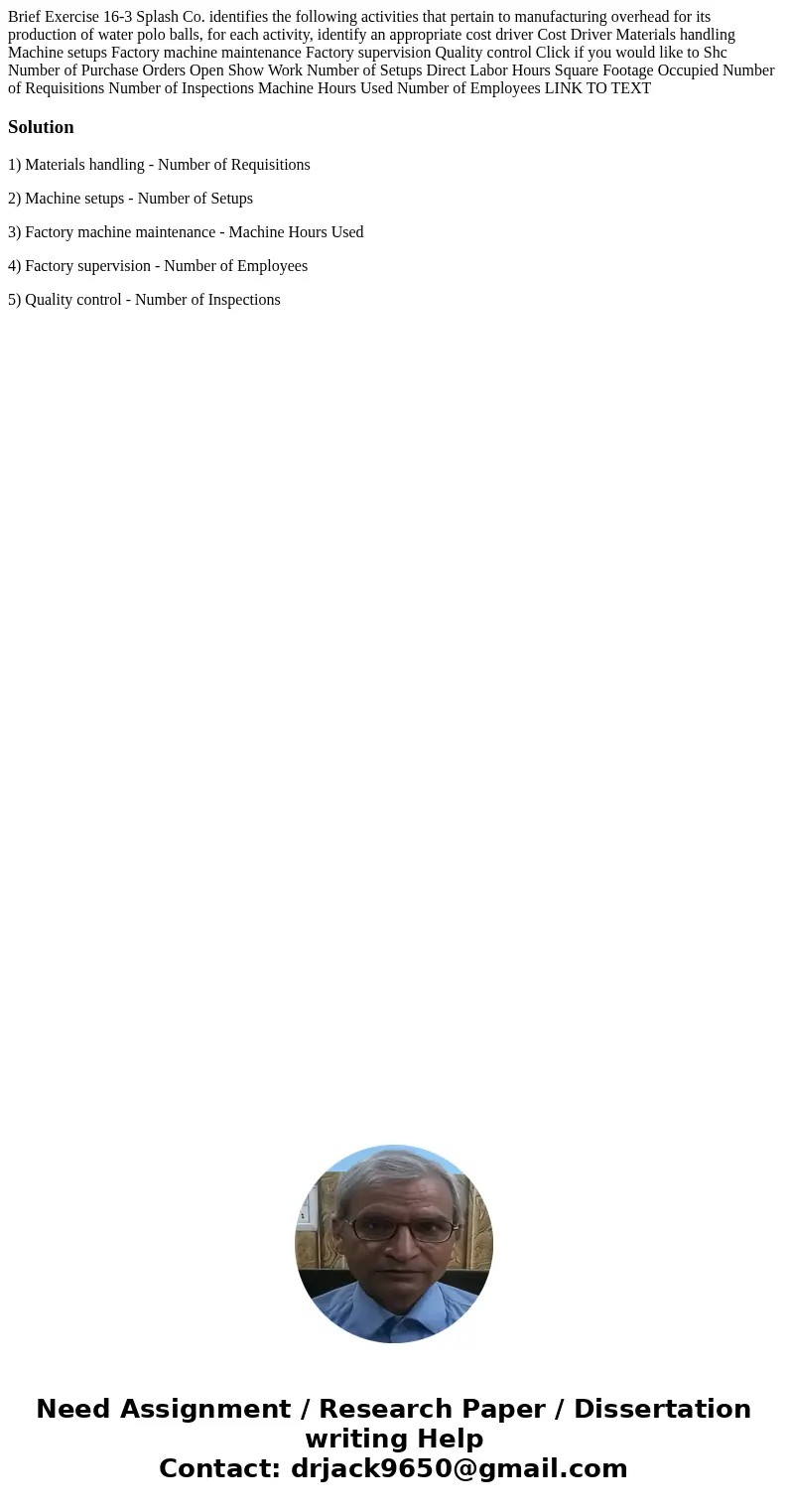 Brief Exercise 16-3 Splash Co. identifies the following activities that pertain to manufacturing overhead for its production of water polo balls, for each acti  Brief Exercise 16-3 Splash Co. identifies the following activities that pertain to manufacturing overhead for its production of water polo balls, for each acti