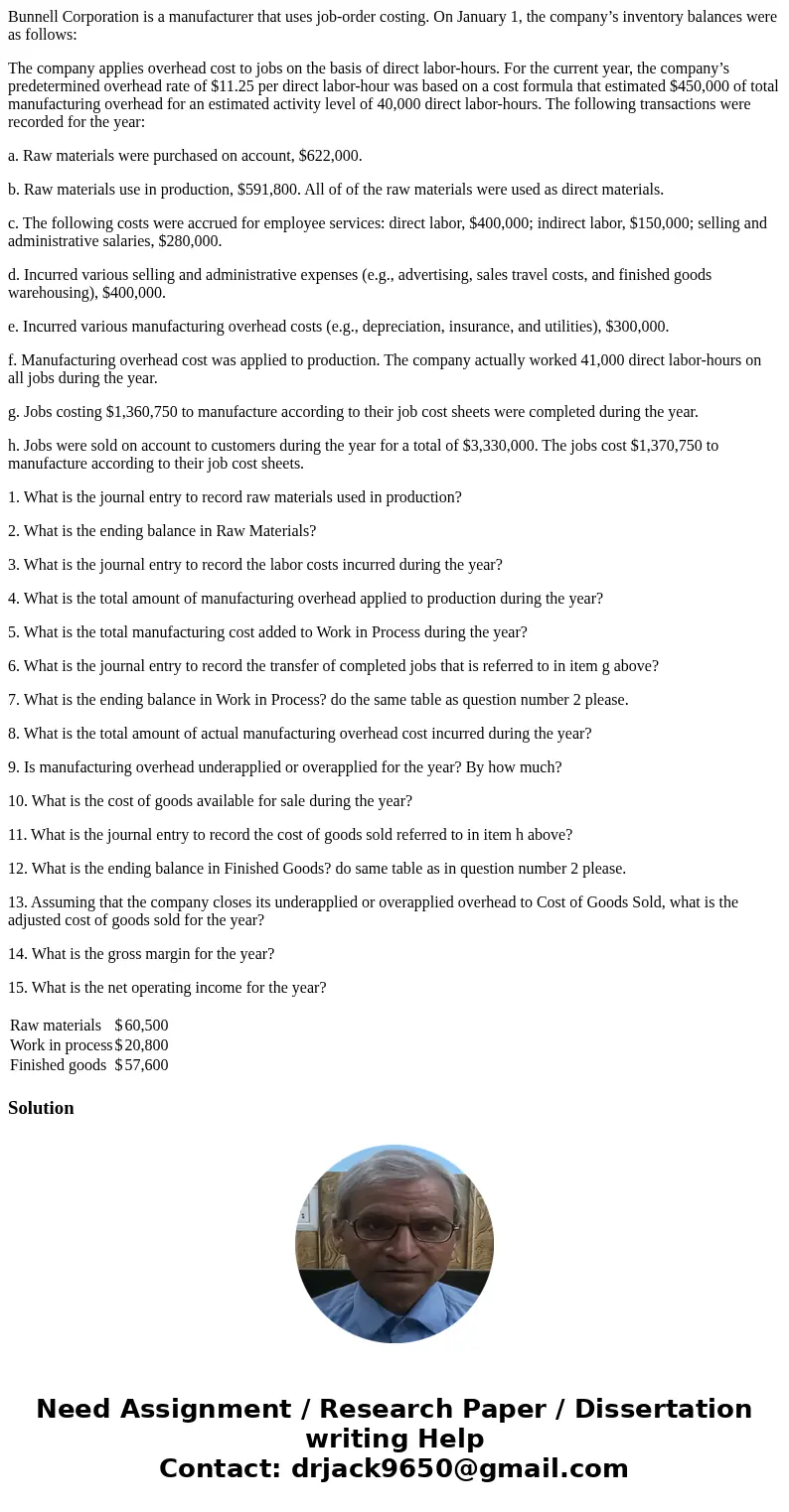 Bunnell Corporation is a manufacturer that uses job-order costing. On January 1, the company’s inventory balances were as follows: The company applies overhead 