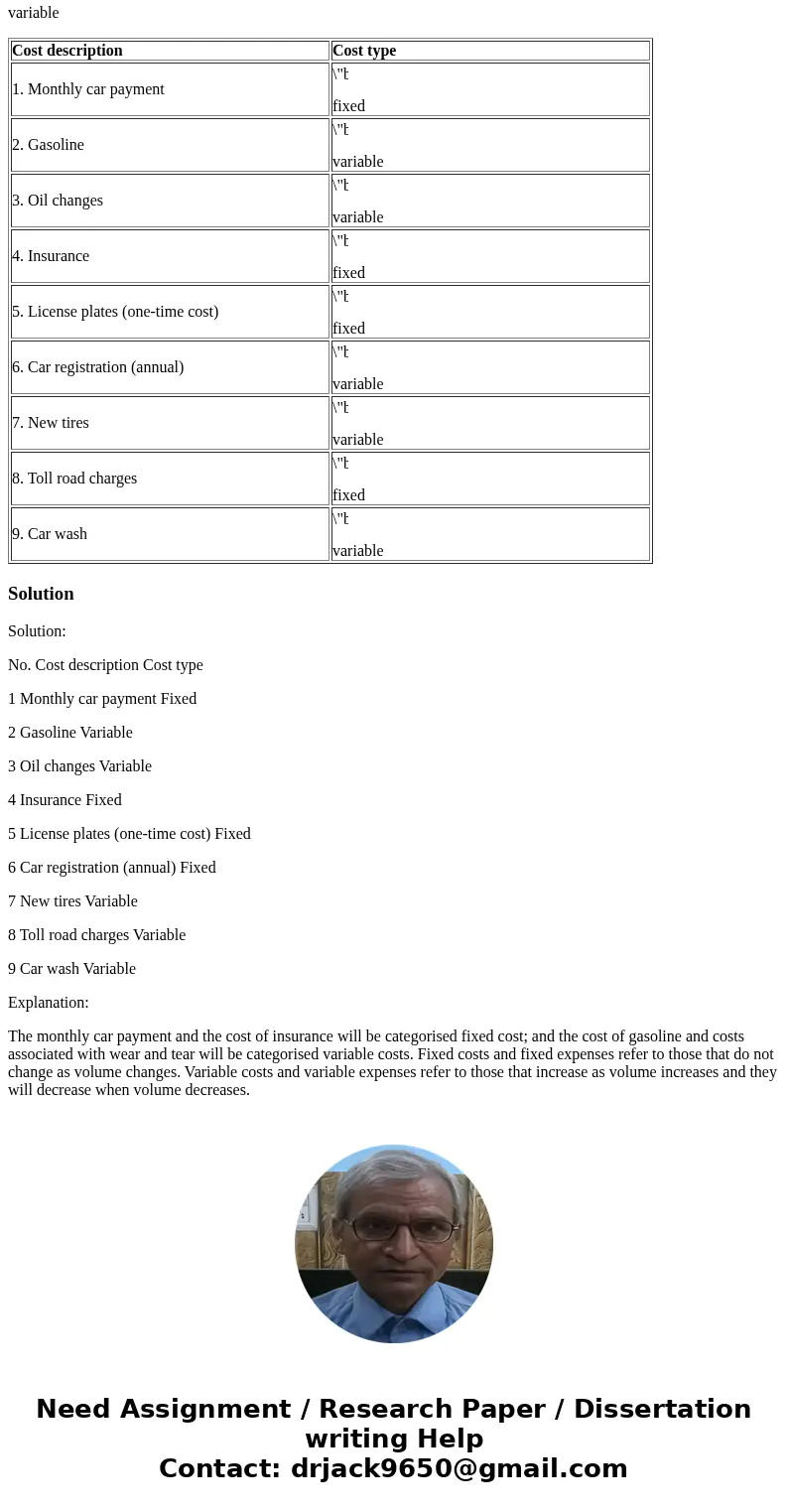 Car owners can incur a number of costs. Suppose that your parents are willing to pay for the fixed costs of your car, but you must pay the variable costs. On th