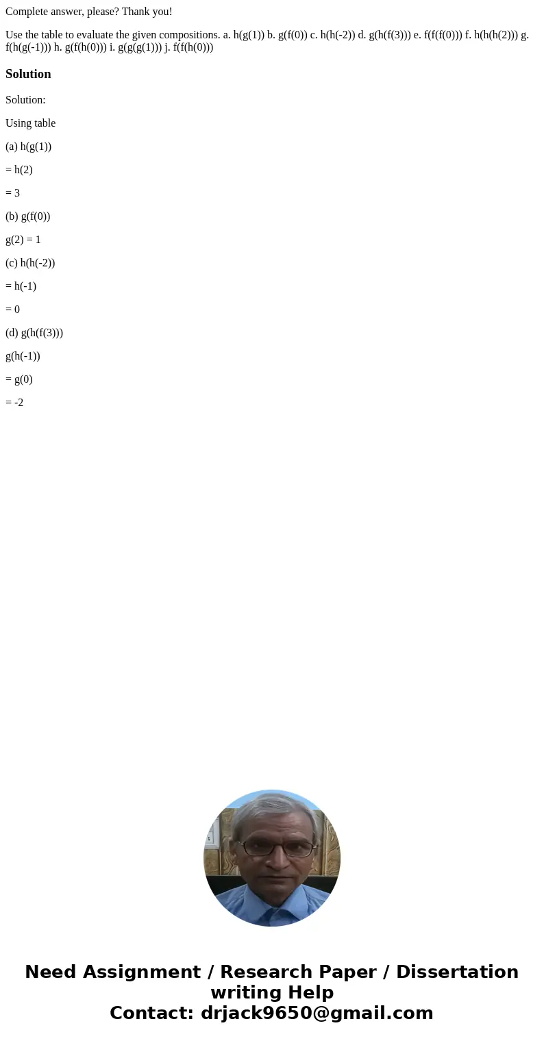 Complete answer, please? Thank you! Use the table to evaluate the given compositions. a. h(g(1)) b. g(f(0)) c. h(h(-2)) d. g(h(f(3))) e. f(f(f(0))) f. h(h(h(2)) Complete answer, please? Thank you! Use the table to evaluate the given compositions. a. h(g(1)) b. g(f(0)) c. h(h(-2)) d. g(h(f(3))) e. f(f(f(0))) f. h(h(h(2))